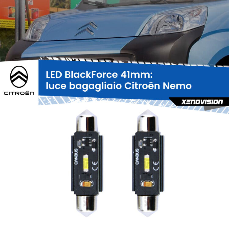 0 Luce Bagagliaio LED per Citroën Nemo 2008 in poi: C5W BlackForce 41mm (Coppia) <strong>Luce Bagagliaio LED per Citroën Nemo</strong> 2008 in poi. Coppia lampade <strong>C5W</strong> 41mm modello BlackForce canbus.