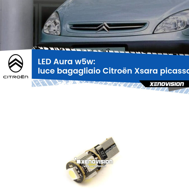 0 Luce Bagagliaio LED per Citroën Xsara picasso 1999 - 2012: Aura w5w <strong>LED luce bagagliaio w5w per Citroën Xsara picasso</strong> 1999 - 2012. Una lampadina <strong>w5w</strong> canbus luce bianca 6000k modello Aura Xenovision.