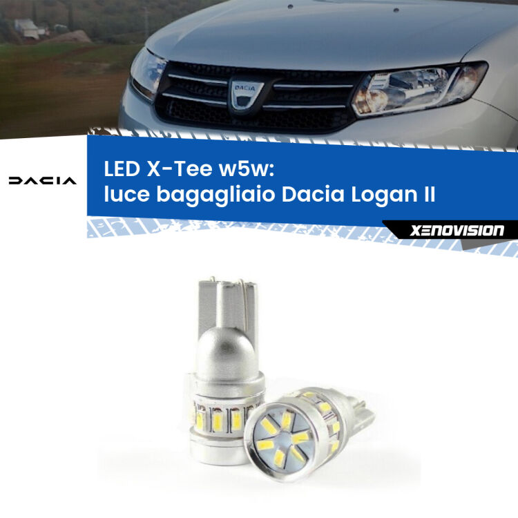 0 Luce Bagagliaio LED per Dacia Logan II 2012 in poi: W5W X-Tee <strong>LED luce bagagliaio per Dacia Logan</strong> II 2012 in poi. Lampade <strong>W5W</strong> modello X-Tee Xenovision top di gamma.