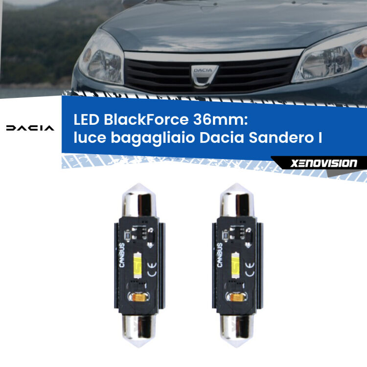0 Luce Bagagliaio LED per Dacia Sandero I 2008 - 2012: C5W BlackForce 36mm (Coppia) <strong>Luce Bagagliaio LED per Dacia Sandero I</strong> 2008 - 2012. Coppia lampade <strong>C5W</strong> 36mm modello BlackForce canbus.