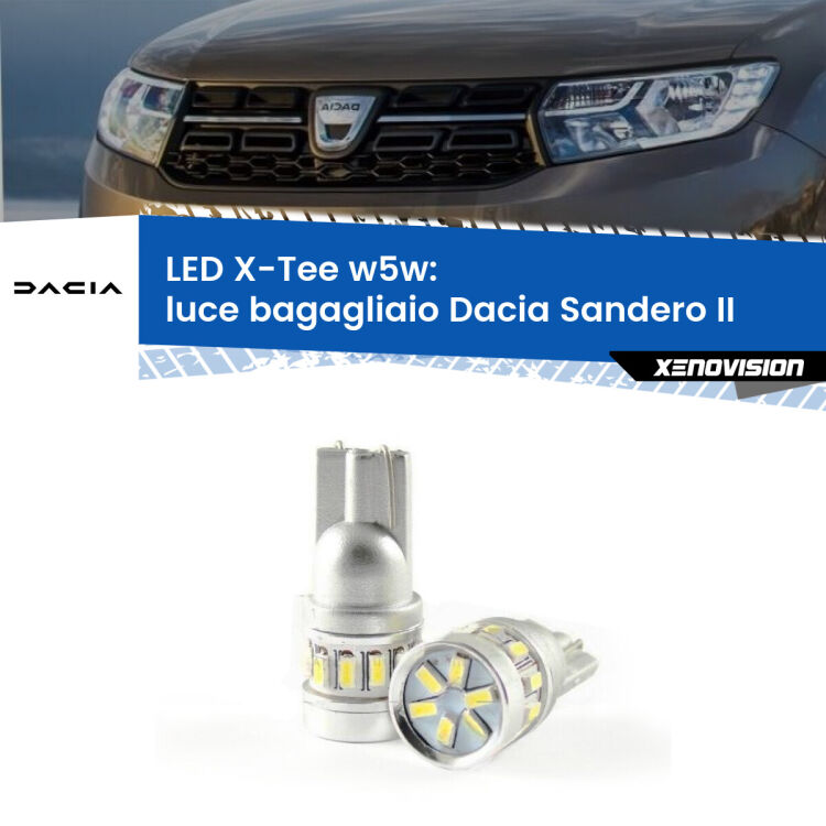 0 Luce Bagagliaio LED per Dacia Sandero II 2012 in poi: W5W X-Tee <strong>LED luce bagagliaio per Dacia Sandero II</strong> 2012 in poi. Lampade <strong>W5W</strong> modello X-Tee Xenovision top di gamma.