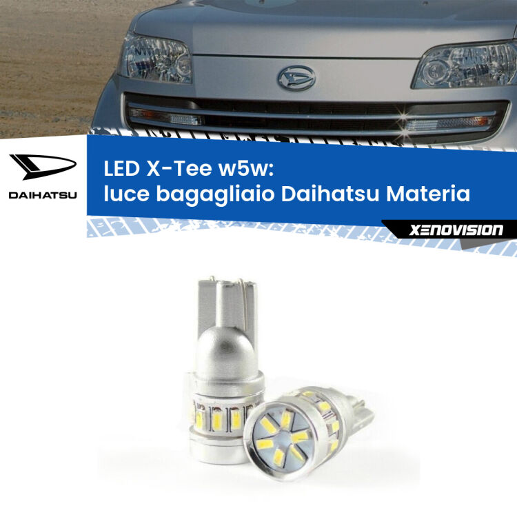 0 Luce Bagagliaio LED per Daihatsu Materia 2006 in poi: W5W X-Tee <strong>LED luce bagagliaio per Daihatsu Materia</strong> 2006 in poi. Lampade <strong>W5W</strong> modello X-Tee Xenovision top di gamma.