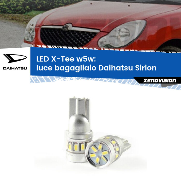 0 Luce Bagagliaio LED per Daihatsu Sirion 2005 - 2008: W5W X-Tee <strong>LED luce bagagliaio per Daihatsu Sirion</strong> 2005 - 2008. Lampade <strong>W5W</strong> modello X-Tee Xenovision top di gamma.