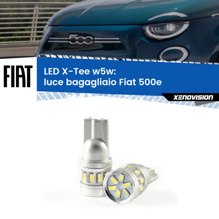 0 Luce Bagagliaio LED per Fiat 500e 2020 in poi: W5W X-Tee <strong>LED luce bagagliaio per Fiat 500e</strong> 2020 in poi. Lampade <strong>W5W</strong> modello X-Tee Xenovision top di gamma.