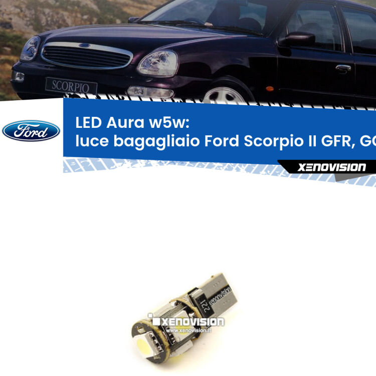 0 Luce Bagagliaio LED per Ford Scorpio II GFR, GGR 1994 - 1998: Aura w5w <strong>LED luce bagagliaio w5w per Ford Scorpio II</strong> GFR, GGR 1994 - 1998. Una lampadina <strong>w5w</strong> canbus luce bianca 6000k modello Aura Xenovision.