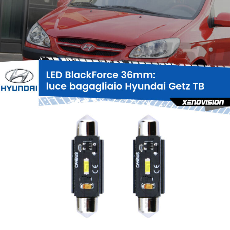0 Luce Bagagliaio LED per Hyundai Getz TB 2002 - 2009: C5W BlackForce 36mm (Coppia) <strong>Luce Bagagliaio LED per Hyundai Getz</strong> TB 2002 - 2009. Coppia lampade <strong>C5W</strong> 36mm modello BlackForce canbus.