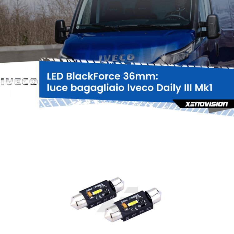 0 Luce Bagagliaio LED per Iveco Daily III Mk1 2014 - 2016: BlackForce C5W 36mm <strong>LED luce bagagliaio 36mm per Iveco Daily III</strong> Mk1 2014 - 2016. Coppia lampadine <strong>C5W</strong>modello BlackForce Xenovision.
