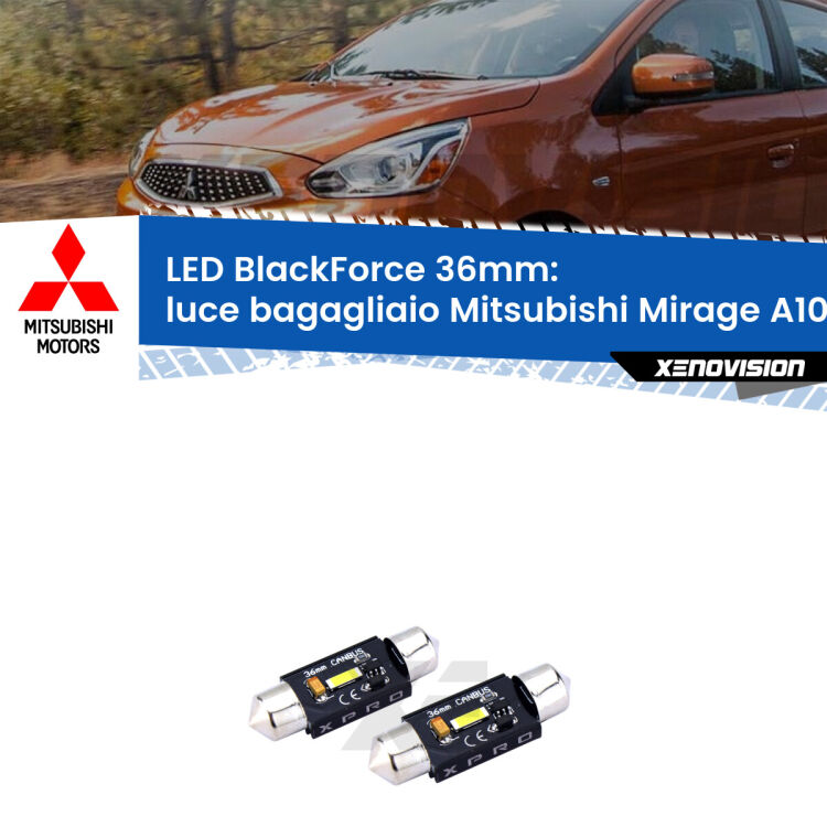 <strong>LED luce bagagliaio 36mm per Mitsubishi Mirage</strong> A10 2013 in poi. Coppia lampadine <strong>C5W</strong>modello BlackForce Xenovision.