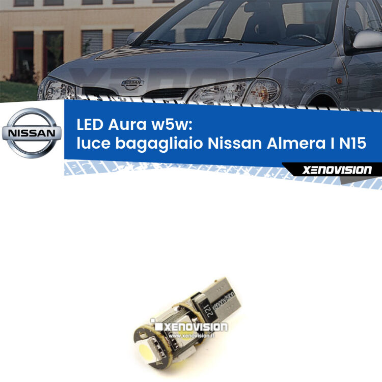 <strong>LED luce bagagliaio w5w per Nissan Almera I</strong> N15 1995 - 2000. Una lampadina <strong>w5w</strong> canbus luce bianca 6000k modello Aura Xenovision.