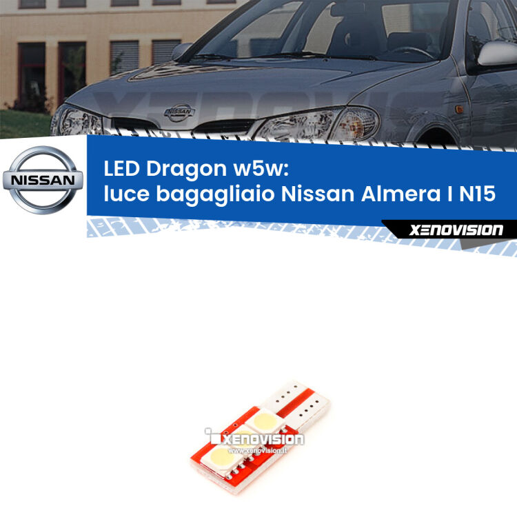 <strong>LED luce bagagliaio per Nissan Almera I</strong> N15 1995 - 2000. Lampade <strong>W5W</strong> a illuminazione laterale modello Dragon Xenovision.