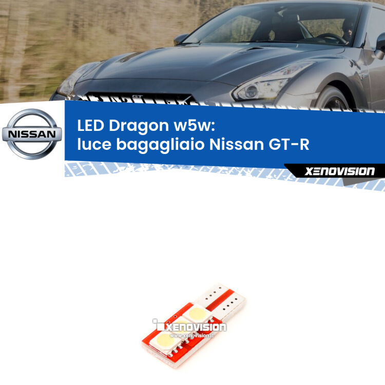 <strong>LED luce bagagliaio per Nissan GT-R</strong>  2007 in poi. Lampade <strong>W5W</strong> a illuminazione laterale modello Dragon Xenovision.