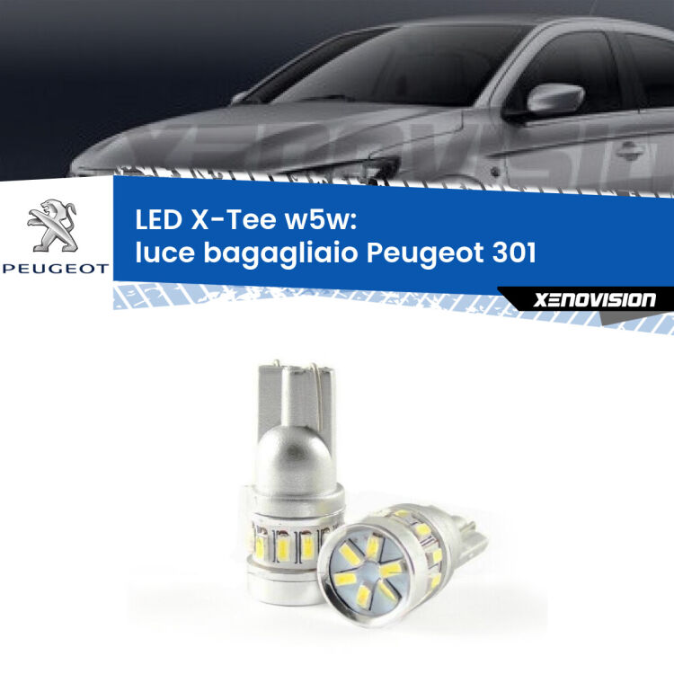 0 Luce Bagagliaio LED per Peugeot 301 2012 - 2017: W5W X-Tee <strong>LED luce bagagliaio per Peugeot 301</strong> 2012 - 2017. Lampade <strong>W5W</strong> modello X-Tee Xenovision top di gamma.