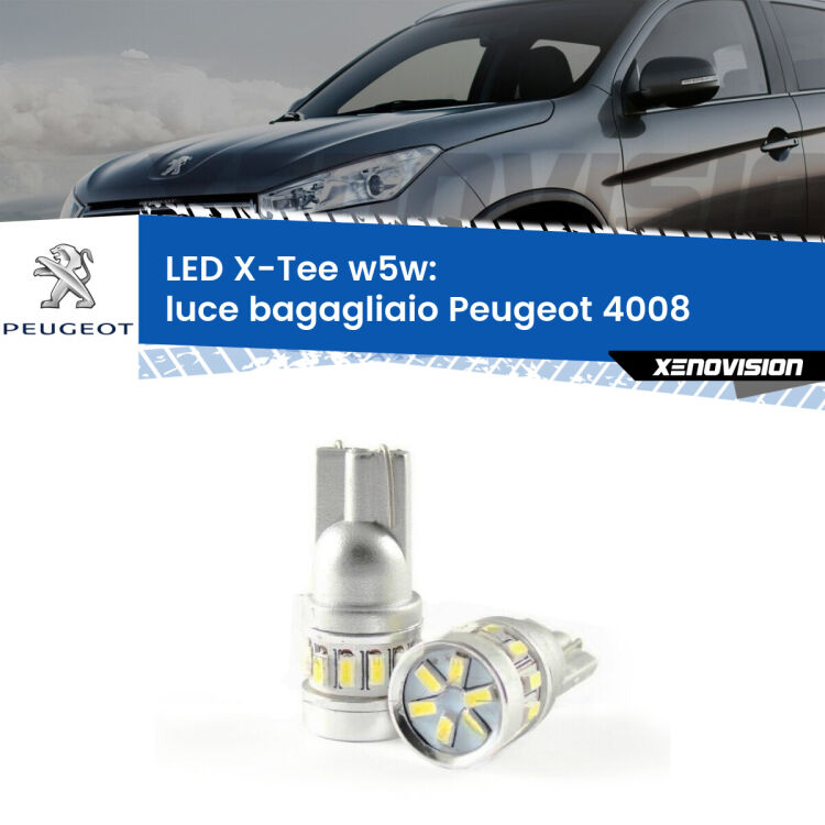 0 Luce Bagagliaio LED per Peugeot 4008 2012 in poi: W5W X-Tee <strong>LED luce bagagliaio per Peugeot 4008</strong> 2012 in poi. Lampade <strong>W5W</strong> modello X-Tee Xenovision top di gamma.