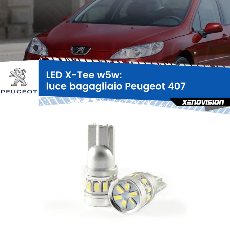 0 Luce Bagagliaio LED per Peugeot 407 2004 - 2011: W5W X-Tee <strong>LED luce bagagliaio per Peugeot 407</strong> 2004 - 2011. Lampade <strong>W5W</strong> modello X-Tee Xenovision top di gamma.
