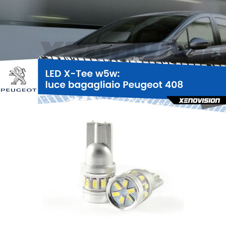 0 Luce Bagagliaio LED per Peugeot 408 2010 in poi: W5W X-Tee <strong>LED luce bagagliaio per Peugeot 408</strong> 2010 in poi. Lampade <strong>W5W</strong> modello X-Tee Xenovision top di gamma.