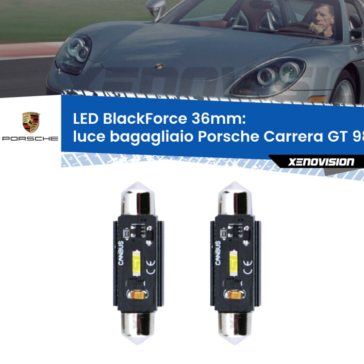 0 Luce Bagagliaio LED per Porsche Carrera GT 980 2003 - 2006: C5W BlackForce 36mm (Coppia) <strong>Luce Bagagliaio LED per Porsche Carrera GT</strong> 980 2003 - 2006. Coppia lampade <strong>C5W</strong> 36mm modello BlackForce canbus.