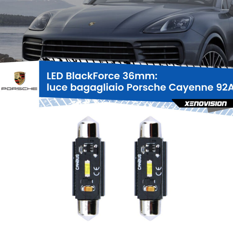 0 Luce Bagagliaio LED per Porsche Cayenne 92A 2010 in poi: C5W BlackForce 36mm (Coppia) <strong>Luce Bagagliaio LED per Porsche Cayenne</strong> 92A 2010 in poi. Coppia lampade <strong>C5W</strong> 36mm modello BlackForce canbus.