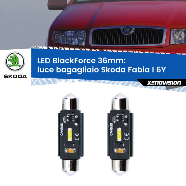 0 Luce Bagagliaio LED per Skoda Fabia I 6Y 1999 - 2006: C5W BlackForce 36mm (Coppia) <strong>Luce Bagagliaio LED per Skoda Fabia I</strong> 6Y 1999 - 2006. Coppia lampade <strong>C5W</strong> 36mm modello BlackForce canbus.