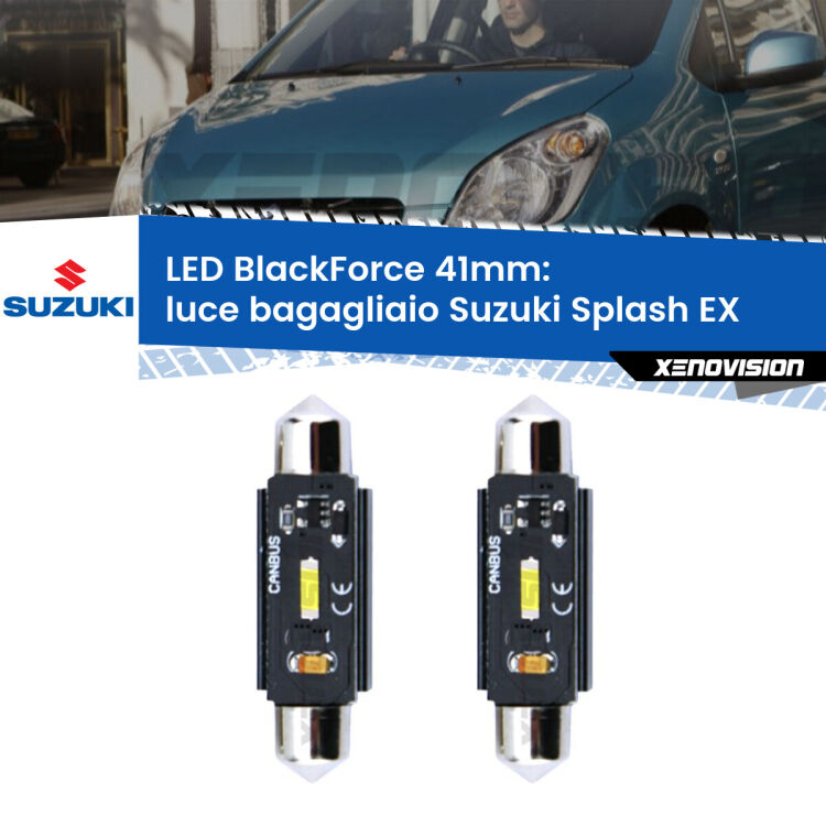 0 Luce Bagagliaio LED per Suzuki Splash EX 2008 in poi: C5W BlackForce 41mm (Coppia) <strong>Luce Bagagliaio LED per Suzuki Splash</strong> EX 2008 in poi. Coppia lampade <strong>C5W</strong> 41mm modello BlackForce canbus.