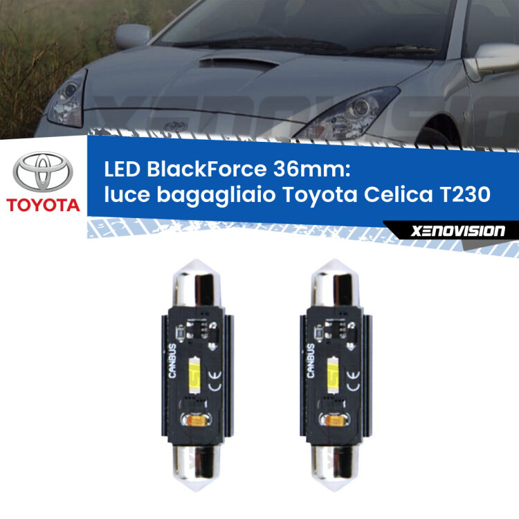 0 Luce Bagagliaio LED per Toyota Celica T230 1999 - 2005: C5W BlackForce 36mm (Coppia) <strong>Luce Bagagliaio LED per Toyota Celica</strong> T230 1999 - 2005. Coppia lampade <strong>C5W</strong> 36mm modello BlackForce canbus.