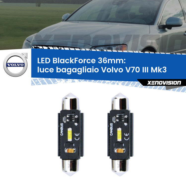 0 Luce Bagagliaio LED per Volvo V70 III Mk3 2008 - 2016: C5W BlackForce 36mm (Coppia) <strong>Luce Bagagliaio LED per Volvo V70 III</strong> Mk3 2008 - 2016. Coppia lampade <strong>C5W</strong> 36mm modello BlackForce canbus.