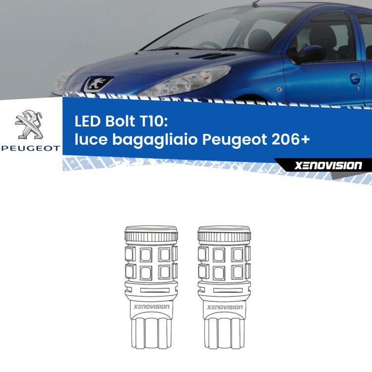 0 Luce Bagagliaio LED Peugeot 206+ 2009 - 2013: T10 Bolt <strong>Luce Bagagliaio LED per Peugeot 206+</strong> 2009 - 2013. Coppia lampade <strong>T10</strong> modello Bolt canbus.