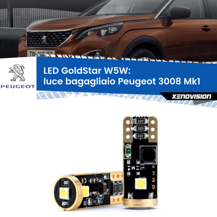 0 Luce Bagagliaio LED Peugeot 3008 Mk1 2008 - 2015: T10 GoldStar <strong>Luce Bagagliaio LED Peugeot 3008</strong> Mk1 2008 - 2015: ottima luminosità a 360 gradi. Si inseriscono ovunque. Canbus, Top Quality.