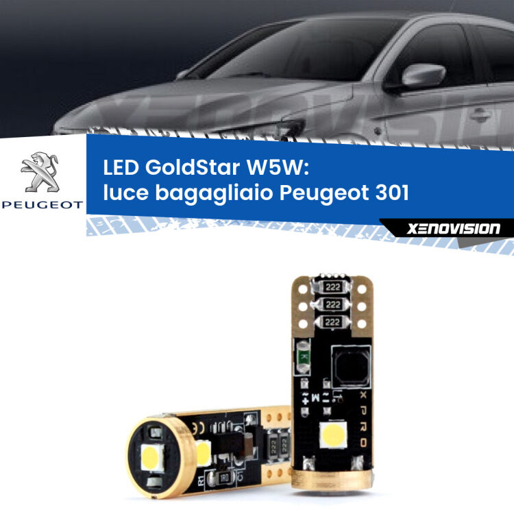 0 Luce Bagagliaio LED Peugeot 301 2012 - 2017: T10 GoldStar <strong>Luce Bagagliaio LED Peugeot 301</strong> 2012 - 2017: ottima luminosità a 360 gradi. Si inseriscono ovunque. Canbus, Top Quality.