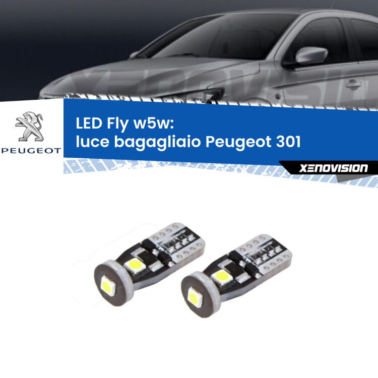 0 Luce Bagagliaio LED Peugeot 301 2012 - 2017: W5W Fly <strong>luce bagagliaio LED per Peugeot 301</strong> 2012 - 2017. Coppia lampadine <strong>w5w</strong> Canbus compatte modello Fly Xenovision.