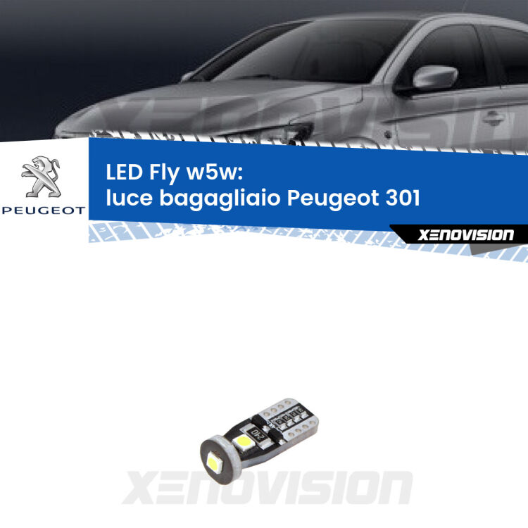 <strong>luce bagagliaio LED per Peugeot 301</strong>  2012 - 2017. Coppia lampadine <strong>w5w</strong> Canbus compatte modello Fly Xenovision.