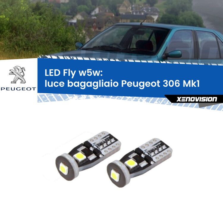 0 Luce Bagagliaio LED Peugeot 306 Mk1 1993 - 2001: W5W Fly <strong>luce bagagliaio LED per Peugeot 306</strong> Mk1 1993 - 2001. Coppia lampadine <strong>w5w</strong> Canbus compatte modello Fly Xenovision.