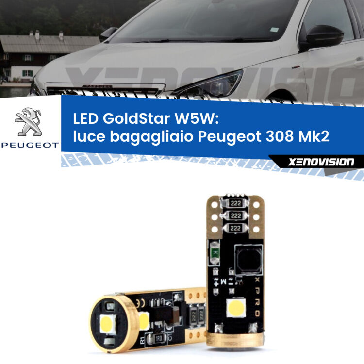 0 Luce Bagagliaio LED Peugeot 308 Mk2 2013 - 2019: T10 GoldStar <strong>Luce Bagagliaio LED Peugeot 308</strong> Mk2 2013 - 2019: ottima luminosità a 360 gradi. Si inseriscono ovunque. Canbus, Top Quality.