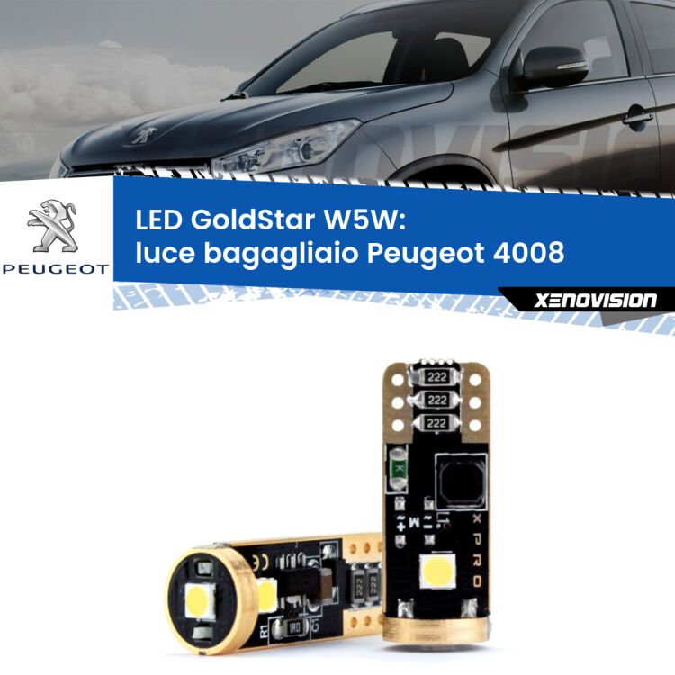 0 Luce Bagagliaio LED Peugeot 4008 2012 in poi: T10 GoldStar <strong>Luce Bagagliaio LED Peugeot 4008</strong> 2012 in poi: ottima luminosità a 360 gradi. Si inseriscono ovunque. Canbus, Top Quality.