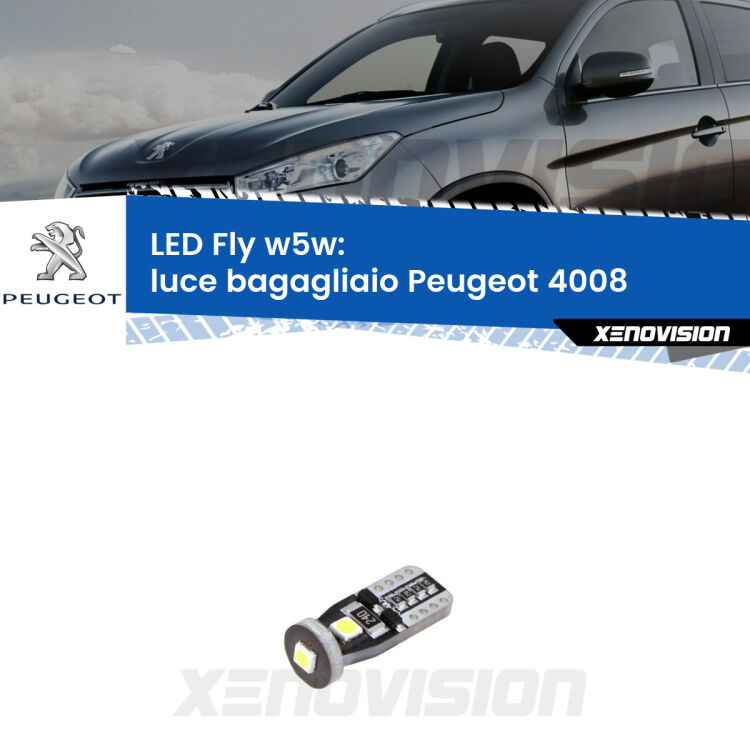 <strong>luce bagagliaio LED per Peugeot 4008</strong>  2012 in poi. Coppia lampadine <strong>w5w</strong> Canbus compatte modello Fly Xenovision.