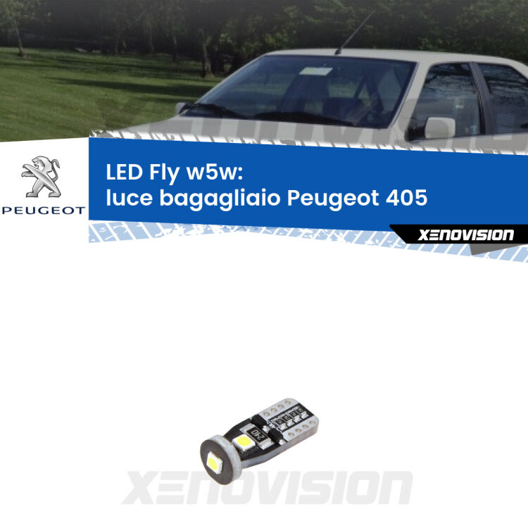 <strong>luce bagagliaio LED per Peugeot 405</strong>  1987 - 1997. Coppia lampadine <strong>w5w</strong> Canbus compatte modello Fly Xenovision.