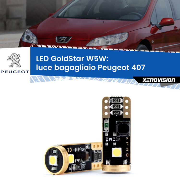 0 Luce Bagagliaio LED Peugeot 407 2004 - 2011: T10 GoldStar <strong>Luce Bagagliaio LED Peugeot 407</strong> 2004 - 2011: ottima luminosità a 360 gradi. Si inseriscono ovunque. Canbus, Top Quality.