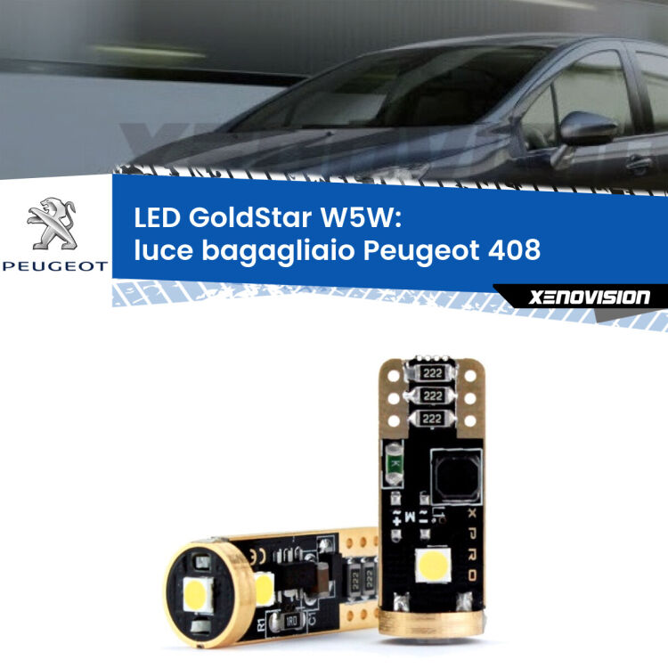 0 Luce Bagagliaio LED Peugeot 408 2010 in poi: T10 GoldStar <strong>Luce Bagagliaio LED Peugeot 408</strong> 2010 in poi: ottima luminosità a 360 gradi. Si inseriscono ovunque. Canbus, Top Quality.