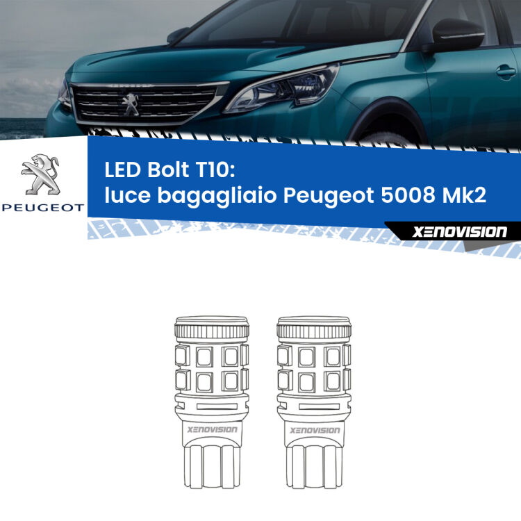 0 Luce Bagagliaio LED Peugeot 5008 Mk2 2017 in poi: T10 Bolt <strong>Luce Bagagliaio LED per Peugeot 5008</strong> Mk2 2017 in poi. Coppia lampade <strong>T10</strong> modello Bolt canbus.