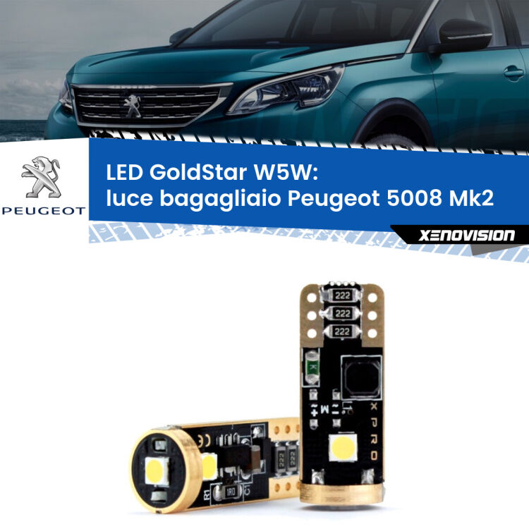 0 Luce Bagagliaio LED Peugeot 5008 Mk2 2017 in poi: T10 GoldStar <strong>Luce Bagagliaio LED Peugeot 5008</strong> Mk2 2017 in poi: ottima luminosità a 360 gradi. Si inseriscono ovunque. Canbus, Top Quality.