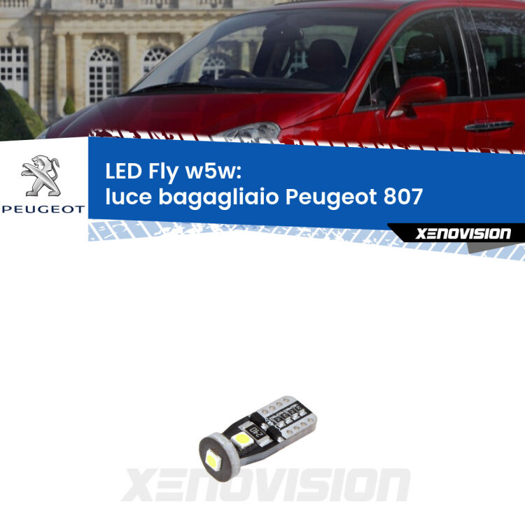 <strong>luce bagagliaio LED per Peugeot 807</strong>  2002 - 2010. Coppia lampadine <strong>w5w</strong> Canbus compatte modello Fly Xenovision.