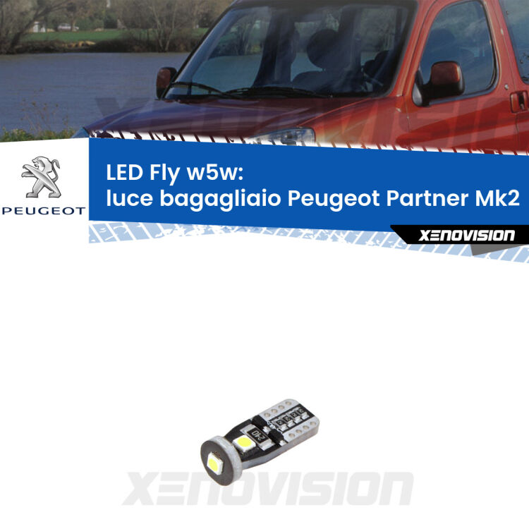 <strong>luce bagagliaio LED per Peugeot Partner</strong> Mk2 2008 - 2016. Coppia lampadine <strong>w5w</strong> Canbus compatte modello Fly Xenovision.
