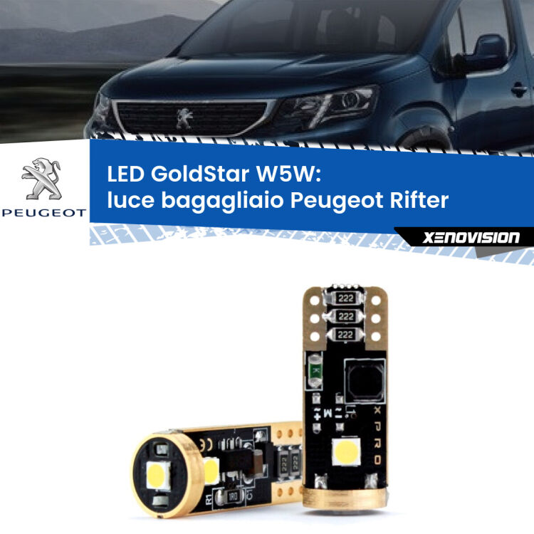 0 Luce Bagagliaio LED Peugeot Rifter 2018 in poi: T10 GoldStar <strong>Luce Bagagliaio LED Peugeot Rifter</strong> 2018 in poi: ottima luminosità a 360 gradi. Si inseriscono ovunque. Canbus, Top Quality.