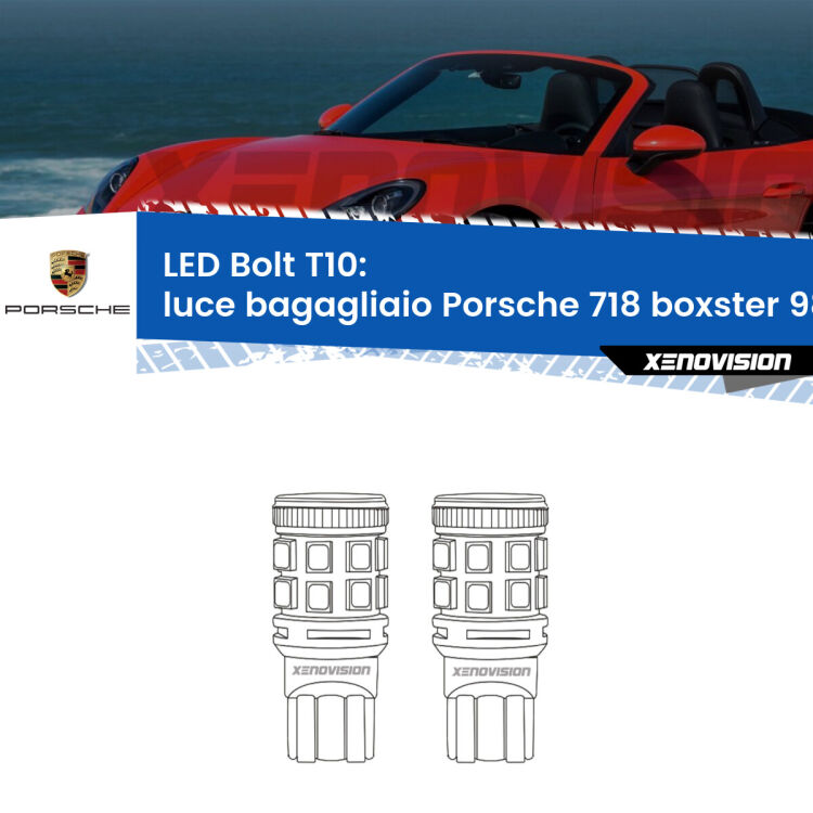 0 Luce Bagagliaio LED Porsche 718 boxster 982 2016 in poi: T10 Bolt <strong>Luce Bagagliaio LED per Porsche 718 boxster</strong> 982 2016 in poi. Coppia lampade <strong>T10</strong> modello Bolt canbus.
