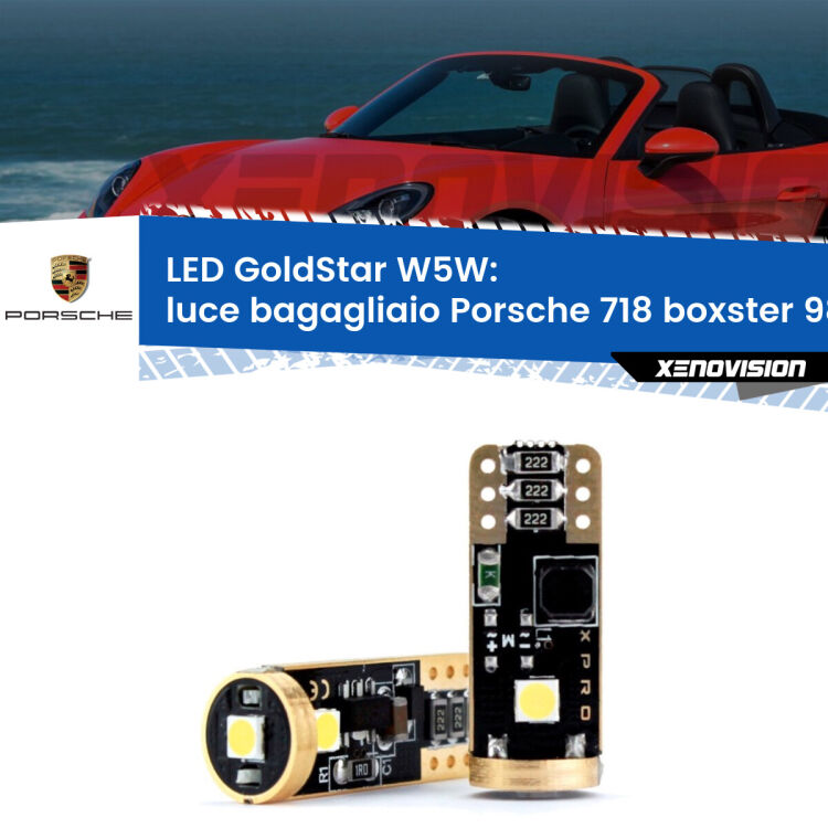 0 Luce Bagagliaio LED Porsche 718 boxster 982 2016 in poi: T10 GoldStar <strong>Luce Bagagliaio LED Porsche 718 boxster</strong> 982 2016 in poi: ottima luminosità a 360 gradi. Si inseriscono ovunque. Canbus, Top Quality.