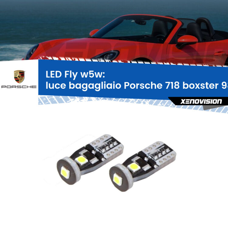 0 Luce Bagagliaio LED Porsche 718 boxster 982 2016 in poi: W5W Fly <strong>luce bagagliaio LED per Porsche 718 boxster</strong> 982 2016 in poi. Coppia lampadine <strong>w5w</strong> Canbus compatte modello Fly Xenovision.