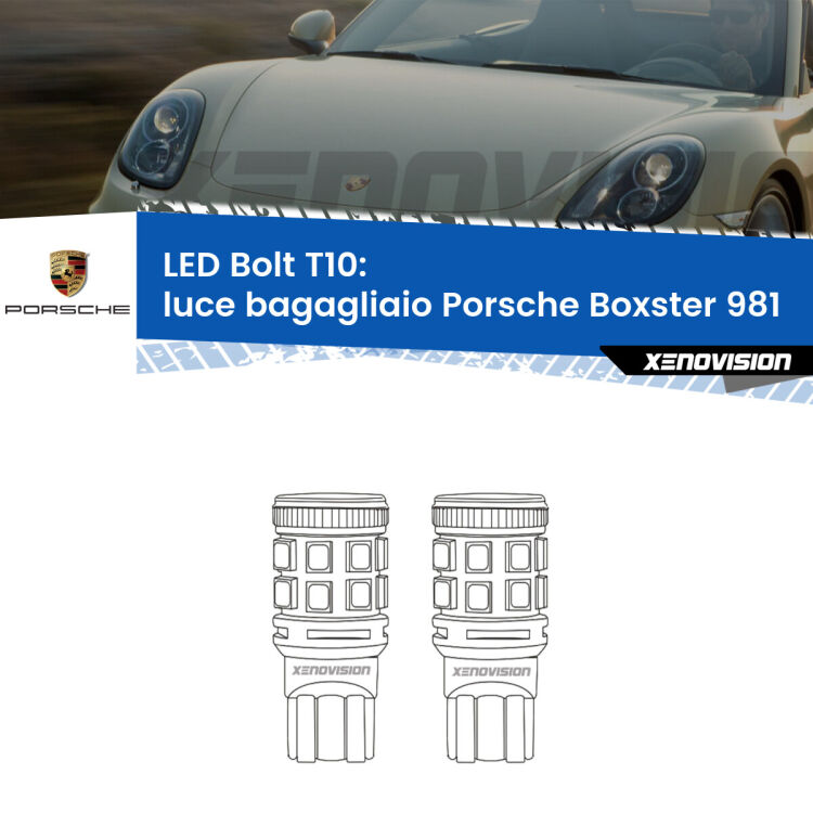 0 Luce Bagagliaio LED Porsche Boxster 981 2012 in poi: T10 Bolt <strong>Luce Bagagliaio LED per Porsche Boxster</strong> 981 2012 in poi. Coppia lampade <strong>T10</strong> modello Bolt canbus.