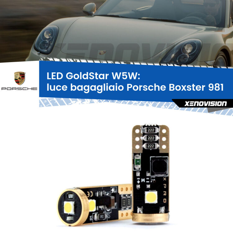 0 Luce Bagagliaio LED Porsche Boxster 981 2012 in poi: T10 GoldStar <strong>Luce Bagagliaio LED Porsche Boxster</strong> 981 2012 in poi: ottima luminosità a 360 gradi. Si inseriscono ovunque. Canbus, Top Quality.