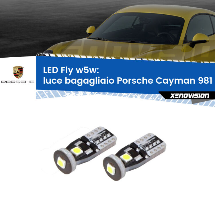0 Luce Bagagliaio LED Porsche Cayman 981 2013 in poi: W5W Fly <strong>luce bagagliaio LED per Porsche Cayman</strong> 981 2013 in poi. Coppia lampadine <strong>w5w</strong> Canbus compatte modello Fly Xenovision.