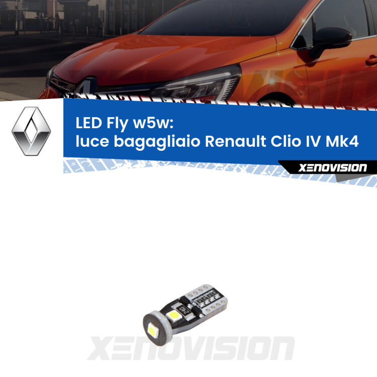 <strong>luce bagagliaio LED per Renault Clio IV</strong> Mk4 2012 - 2018. Coppia lampadine <strong>w5w</strong> Canbus compatte modello Fly Xenovision.