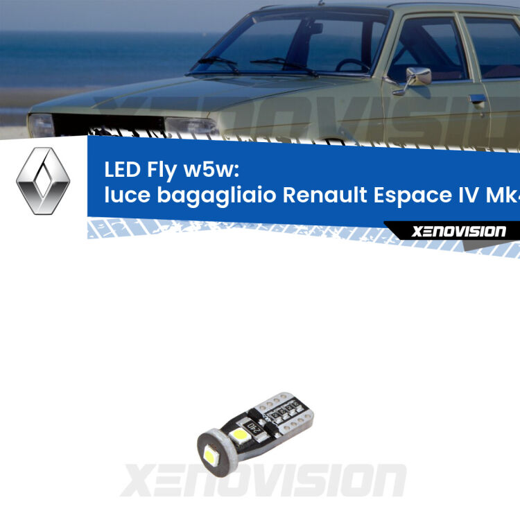 <strong>luce bagagliaio LED per Renault Espace IV</strong> Mk4 2006 - 2015. Coppia lampadine <strong>w5w</strong> Canbus compatte modello Fly Xenovision.